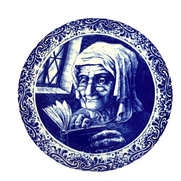 BOCH FRERES La Louvière Delft Blue & White Woman Portrait Reading Book Plate - Picture 2 of 5